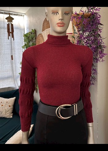 Bordo Balıkçı Yaka Triko Kadın Kazak - Görsel 2