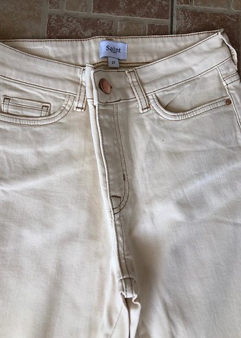 Bej Düğmeli Kadın Midi Kot Pantolon