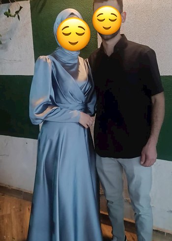 Mavi Uzun Kollu Midi Drapeli Abiye Elbise