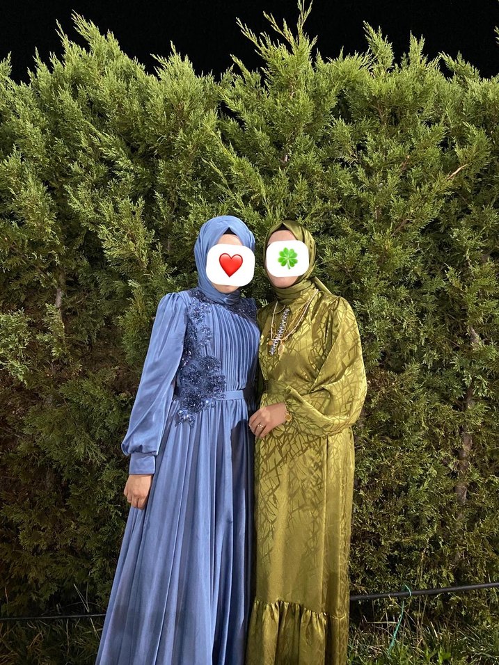 Drapeli Uzun Mavi Tesettür Abiye Elbise - Görsel 3