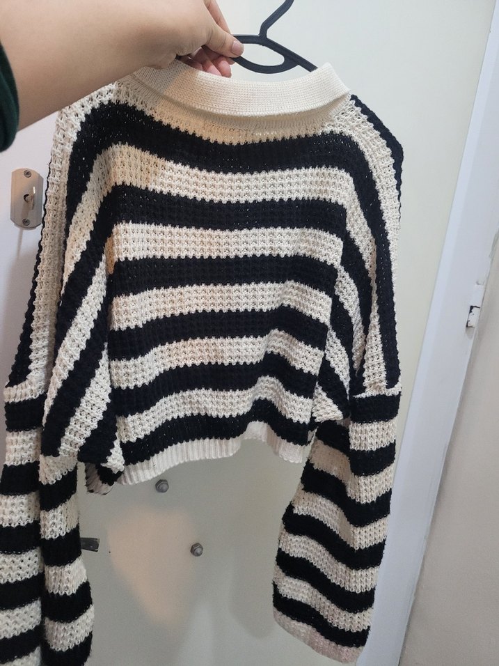 Çizgili Polo Yaka Kadın Triko Kazak - Görsel 2