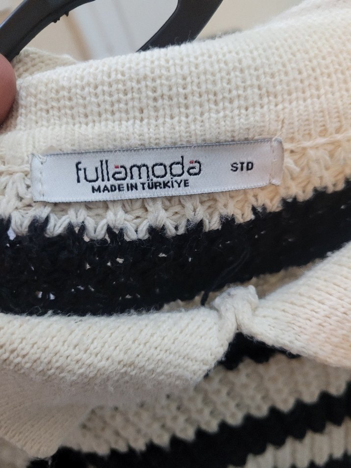 Çizgili Polo Yaka Kadın Triko Kazak - Görsel 3