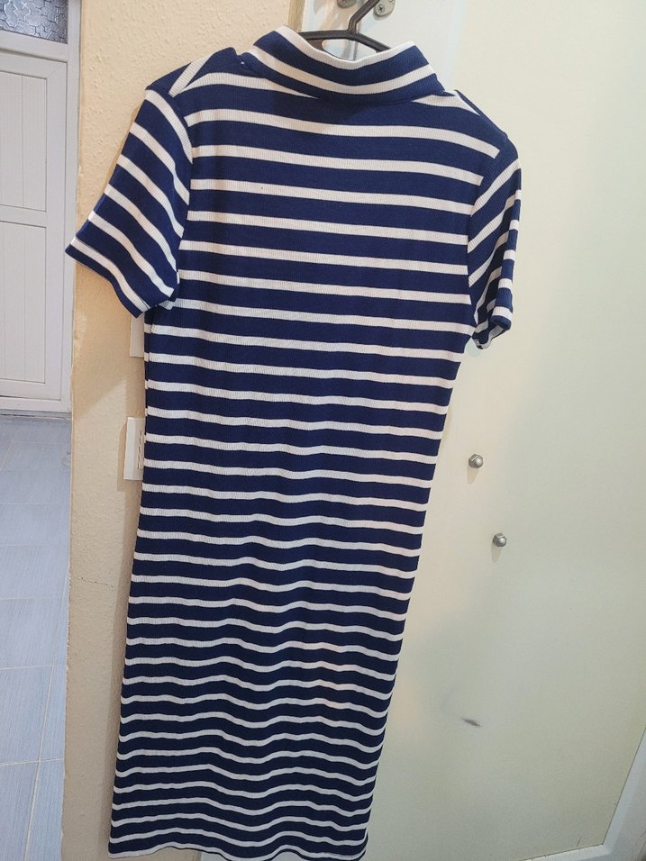 Çizgili Polo Yaka Midi Elbise - Görsel 3