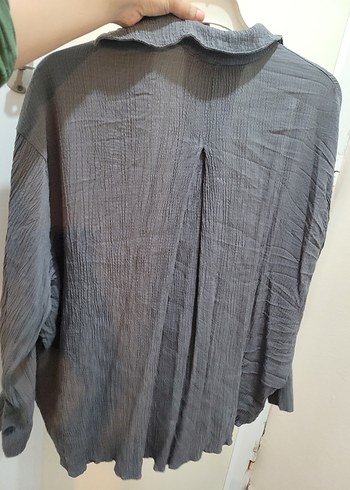 Gri Keten Kadın Gömlek, Düğmeli, Salaş - Görsel 3