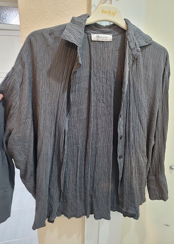 Gri Keten Kadın Gömlek, Düğmeli, Salaş - Görsel 2