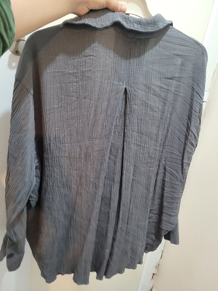 Gri Keten Kadın Gömlek, Düğmeli, Salaş - Görsel 3