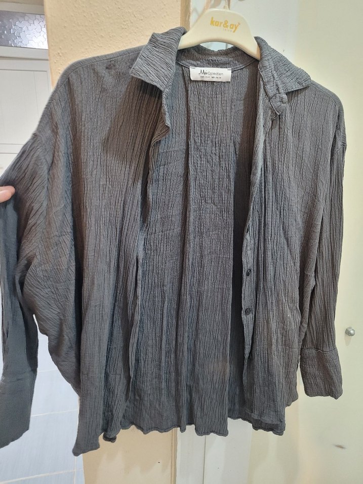 Gri Keten Kadın Gömlek, Düğmeli, Salaş - Görsel 2