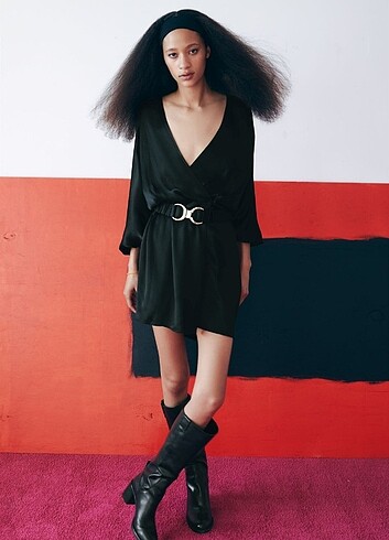 xs Beden siyah Renk Zara Anvelop Saten Elbise