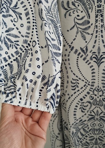 Uzun Bohem Mavi Beyaz Desenli Elbise - Görsel 4