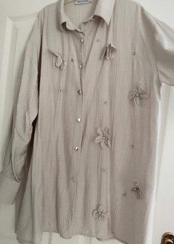 Bej Keten Düğmeli Kadın Gömlek - Görsel 3