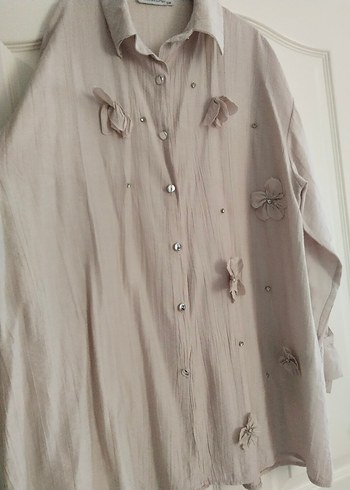 Bej Keten Düğmeli Kadın Gömlek - Görsel 2