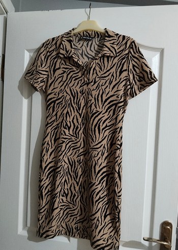 Kahverengi Zebra Desenli Midi Elbise - Görsel 3