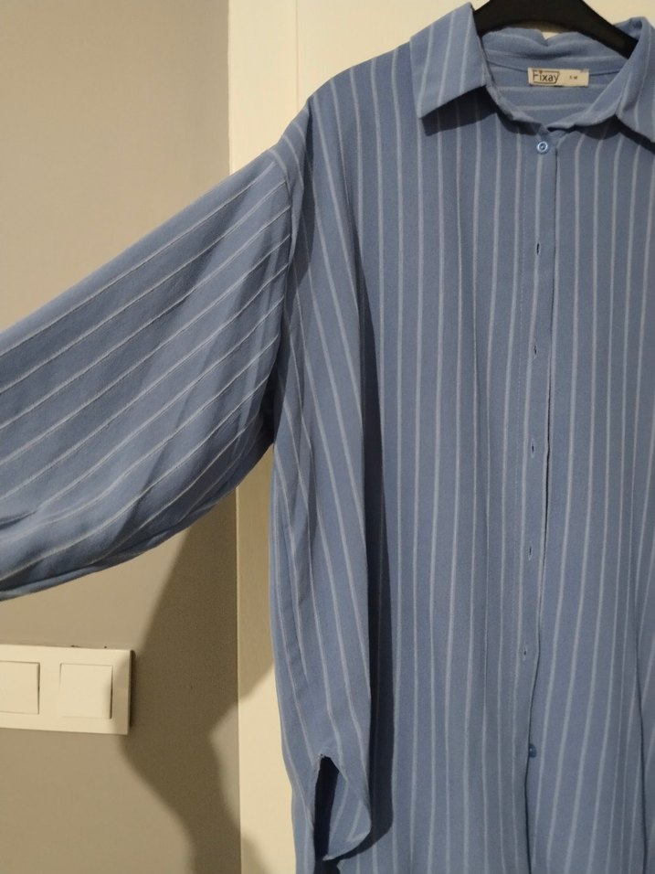 Mavi Çizgili Uzun Kollu Bol Kesim  Gömlek - Görsel 2