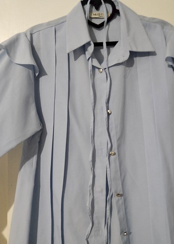 Mavi Uzun Kollu Düğmeli Midi Gömlek Omuz Fırfır Detaylı - Görsel 2