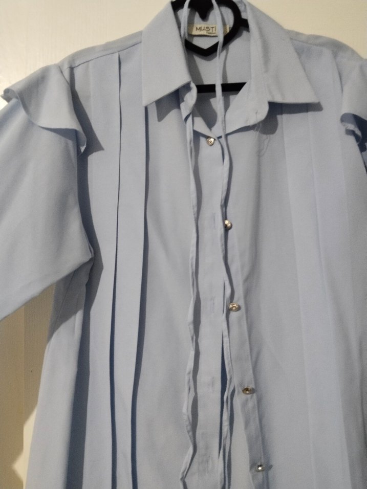 Mavi Uzun Kollu Düğmeli Midi Gömlek Omuz Fırfır Detaylı - Görsel 2