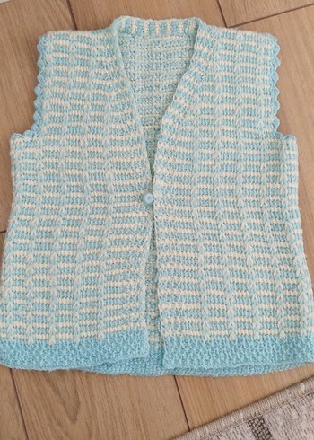 Kız Çocuk Mavi Örgü V Yaka Yelek - Görsel 5