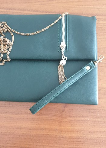 Zincir Detaylı Yeşil Deri Clutch Çanta - Görsel 3