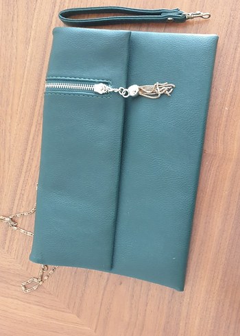 Zincir Detaylı Yeşil Deri Clutch Çanta - Görsel 5