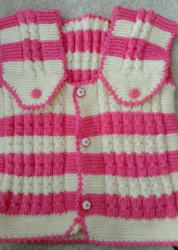 Pembe Çizgili Kız Örgü Yelek - Görsel 2