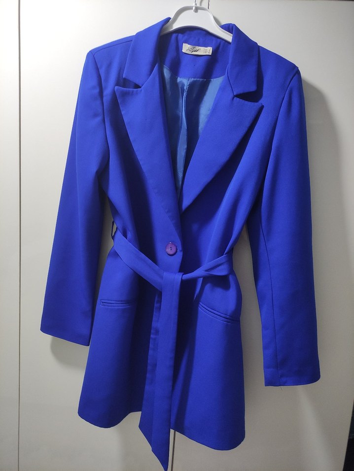 Mavi Kemerli Kısa Kadın Blazer Ceket - Görsel 2