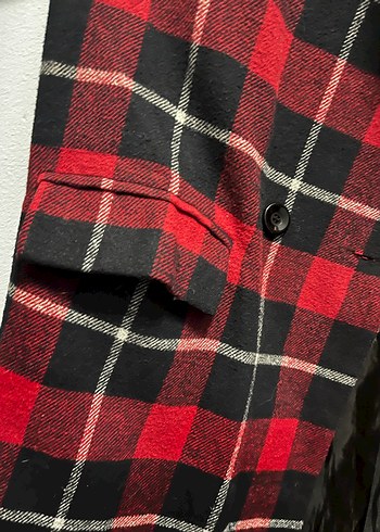 Uzun Kırmızı Ekose Desenli Kadın Kabanı - Görsel 3