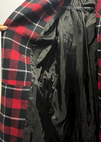 Uzun Kırmızı Ekose Desenli Kadın Kabanı - Görsel 4
