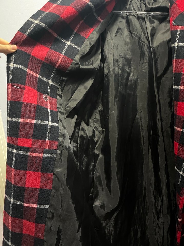 Uzun Kırmızı Ekose Desenli Kadın Kabanı - Görsel 4