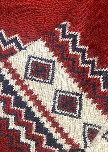 s Beden Bohem Renkli Desenli Kırmızı Yün Triko Kazak Mudo