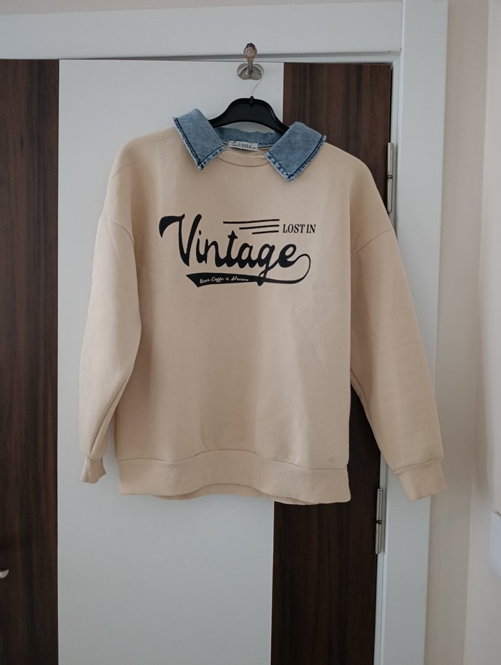 Bej Vintage Baskılı Kadın Sweatshirt - Görsel 2