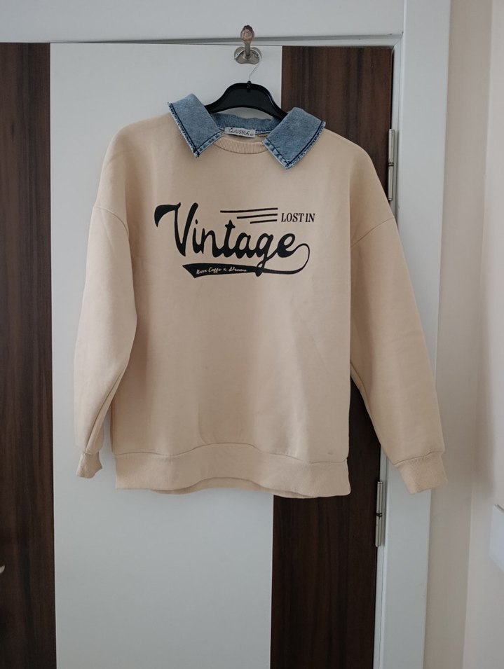 Bej Vintage Baskılı Kadın Sweatshirt - Görsel 3