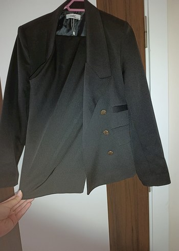 Düğmeli Siyah Kadın Blazer Ceket ve pantolon takim - Görsel 3