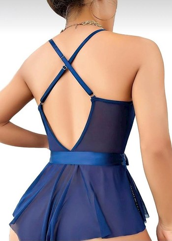 Lacivert Dantel Detaylı Kısa Mini Gecelik - Görsel 2