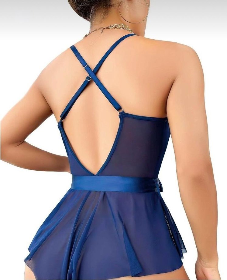 Lacivert Dantel Detaylı Kısa Mini Gecelik - Görsel 2