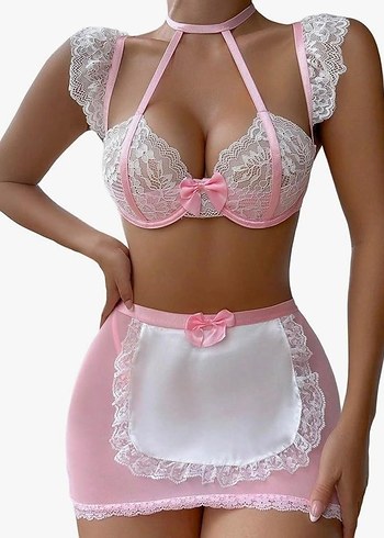 Pembe Mini kapsız Sütyen hizmetli kostüm Takımı L/XL - Görsel 3