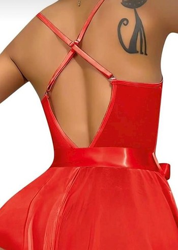 kırmızı İşlemeli Strappy Midi Gecelik S/M - Görsel 3