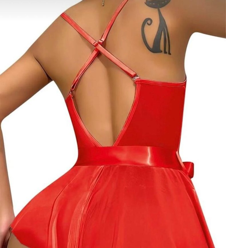 kırmızı İşlemeli Strappy Midi Gecelik S/M - Görsel 3