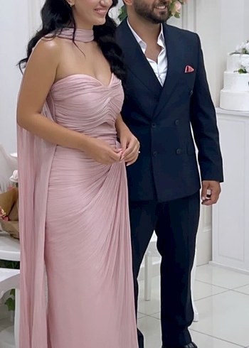 Abiye Pembe Drapeli Straplez Uzun Abiye Elbise