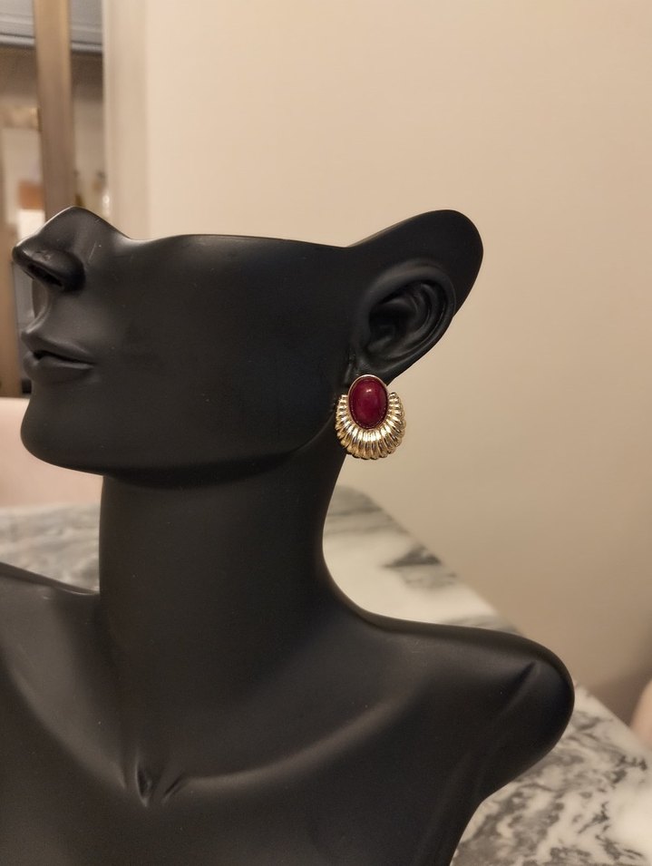 Kırmızı Vintage Düğmeli Midi Küpe - Görsel 2