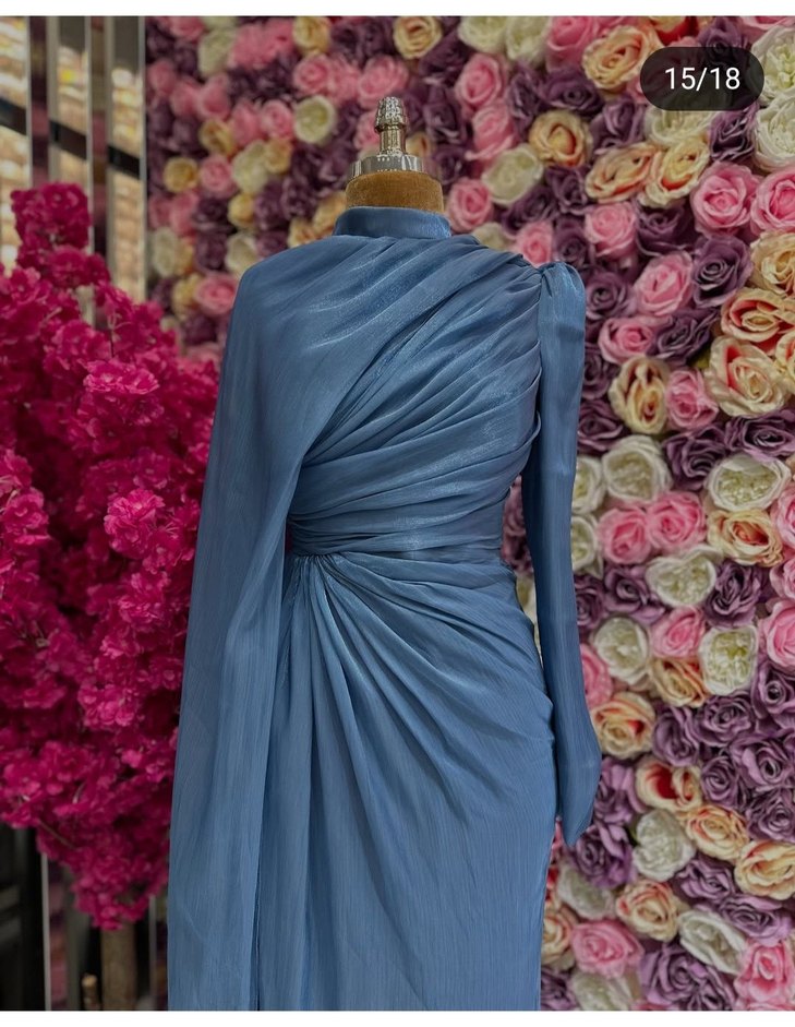 Mavi Drapeli Uzun Kadın Abiye Elbise - Görsel 2