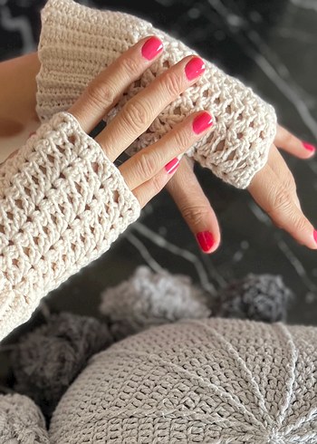 Krem Dantel Detaylı Bohem Örgü Eldiven - Görsel 2