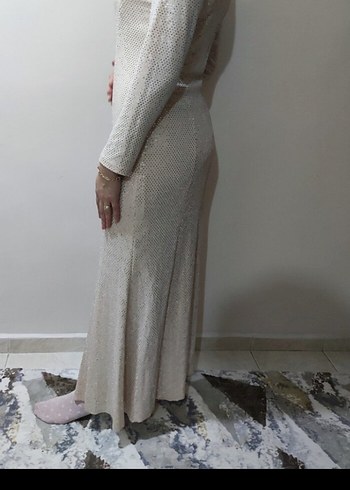 Uzun Kollu Drapeli Bej Abiye Elbise - Görsel 5