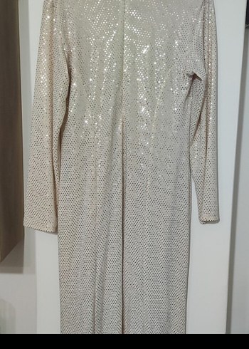 Uzun Kollu Drapeli Bej Abiye Elbise - Görsel 3