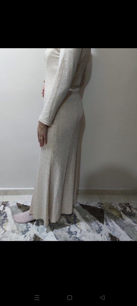 Uzun Kollu Drapeli Bej Abiye Elbise - Görsel 5