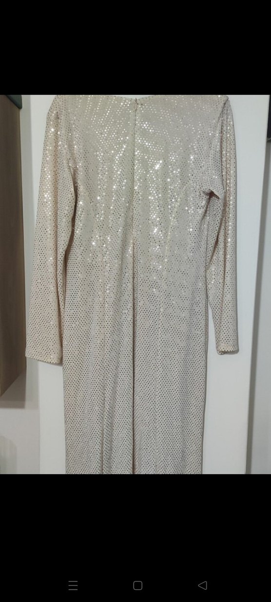 Uzun Kollu Drapeli Bej Abiye Elbise - Görsel 3