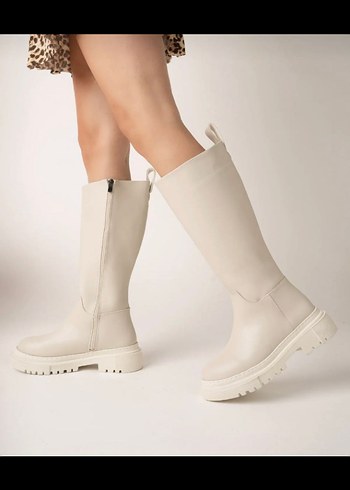 Beyaz Deri Kadın Dizüstü Botlar Kalın Topuklu - Görsel 2