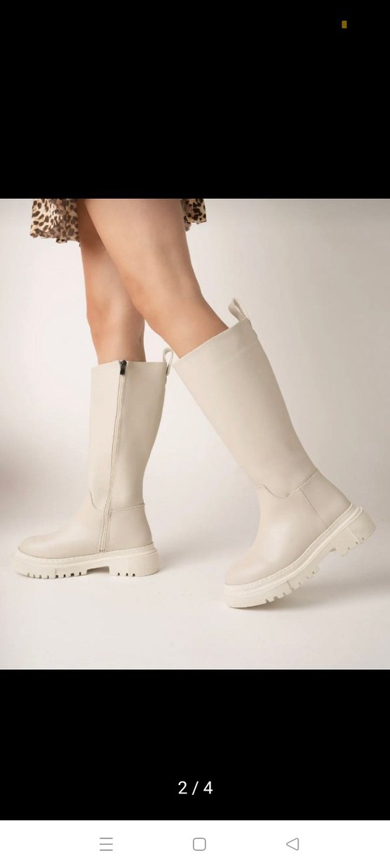 Beyaz Deri Kadın Dizüstü Botlar Kalın Topuklu - Görsel 2