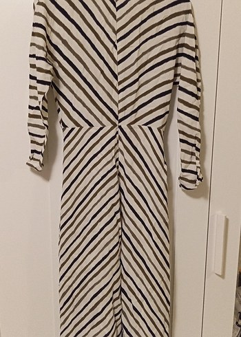 Bej Zebra Desenli Uzun Keten Elbise - Görsel 6