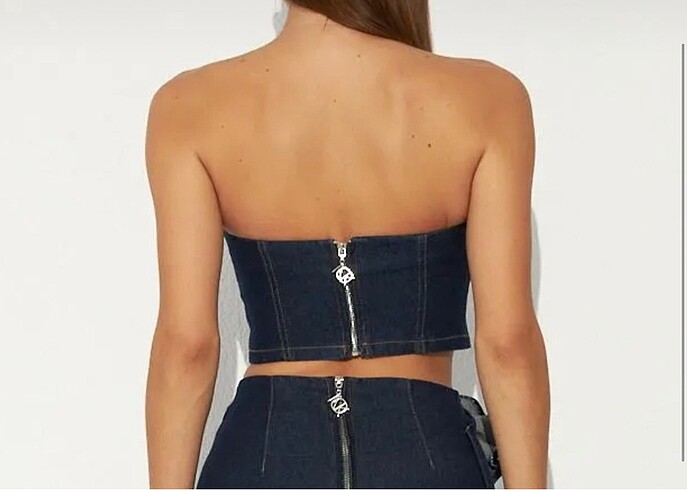 m Beden Nok İstanbul denim serisi crop bustiyer koyu mavi