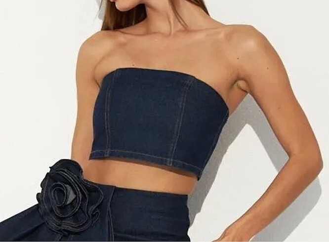 m Beden mavi Renk Nok İstanbul denim serisi crop bustiyer koyu mavi