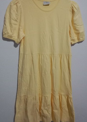 LC Waikiki Sarı Keten Midi Elbise, Kısa Kollu, Fırfırlı